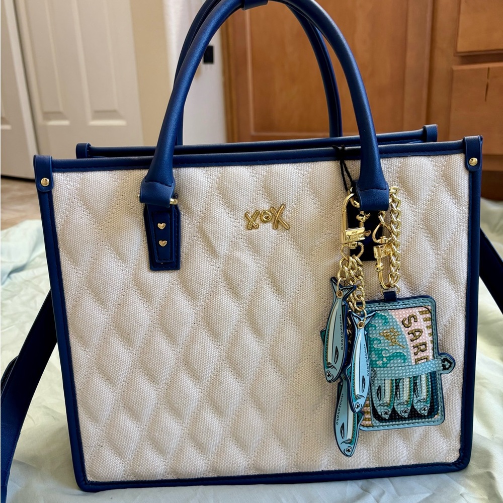 Betsey Johnson Cream and Navy Quilted Tote with Sardine Charms